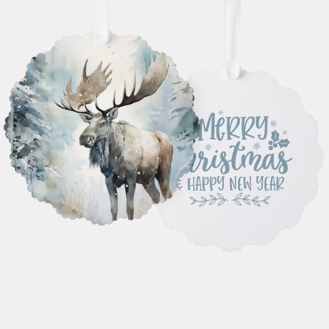 Merry Christmas Happy New Year Woodland Moose Ornament Card (Front/Back)