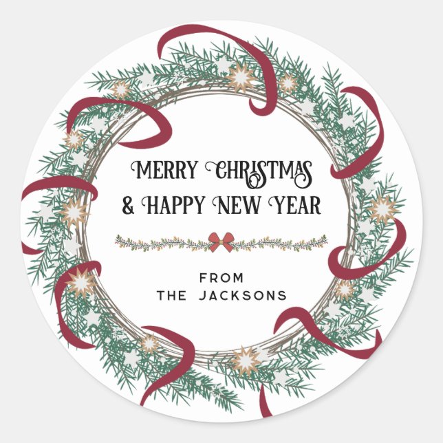 Merry Christmas Happy New Year Wreath and Ribbon Classic Round Sticker (Front)