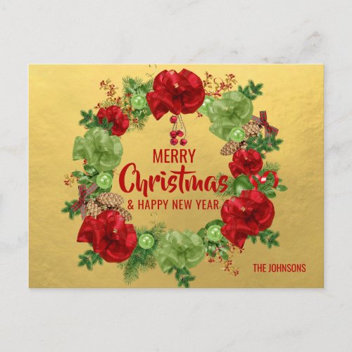 Merry Christmas Happy New Year Wreath Red Gold Holiday Postcard