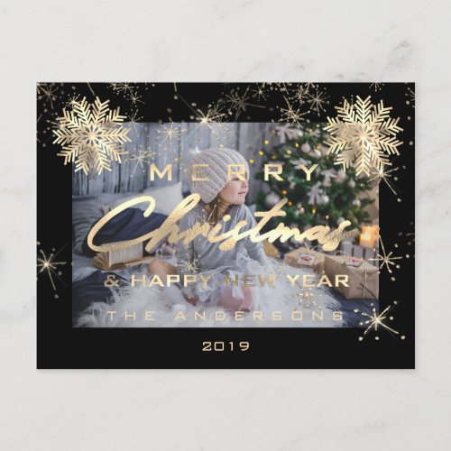 Merry Christmas Happy NewYear Snow Gold Blac Photo Postcard