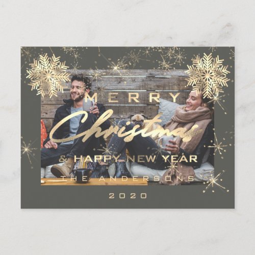 Merry Christmas Happy NewYear Snow Gold Grey Photo Postcard