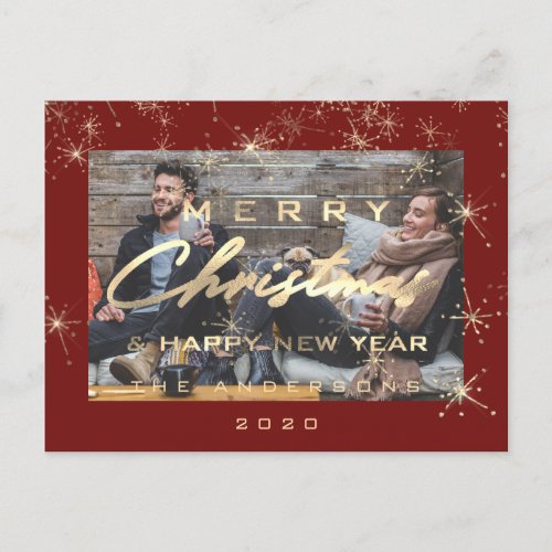 Merry Christmas Happy NewYear Snow Gold Red Photo Postcard