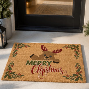 Merry Christmas Happy Reindeer and Holly Branches Fiber Doormat