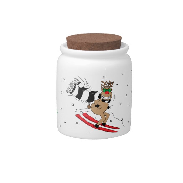Merry Christmas Happy Reindeer Skiing Candy Jar (Front)