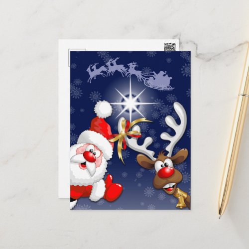 Merry Christmas Happy Santa and Reindeer Postcard