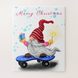 Merry Christmas Happy Skater Gnome with Gifts Jigsaw Puzzle