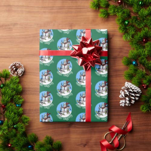 Merry Christmas Happy Skiing Snowman In Woolly Hat Wrapping Paper