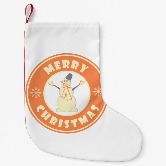 Merry Christmas happy snowman famous coffe style Small Christmas Stocking (Front)