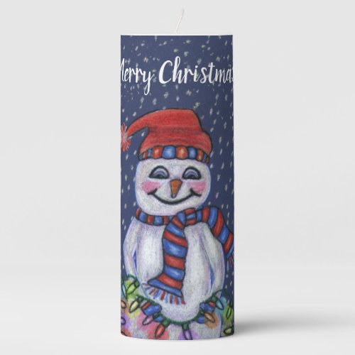 Merry Christmas Happy Snowman Glowing Lights Blue Pillar Candle