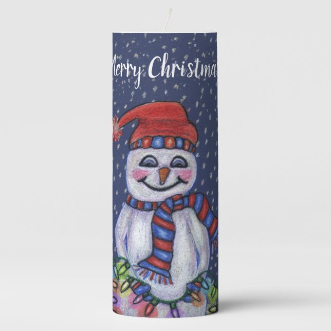 Merry Christmas Happy Snowman Glowing Lights Blue Pillar Candle (Front)
