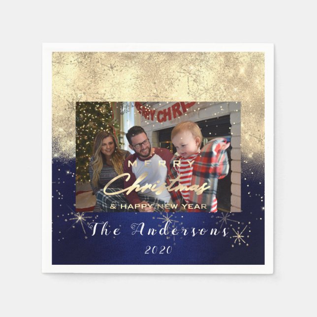 Merry Christmas Happy Year Gold Glitter Photo Navy Napkins (Front)