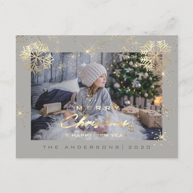 Merry Christmas Happy Year Gold Snow Gray Photo Postcard (Front)