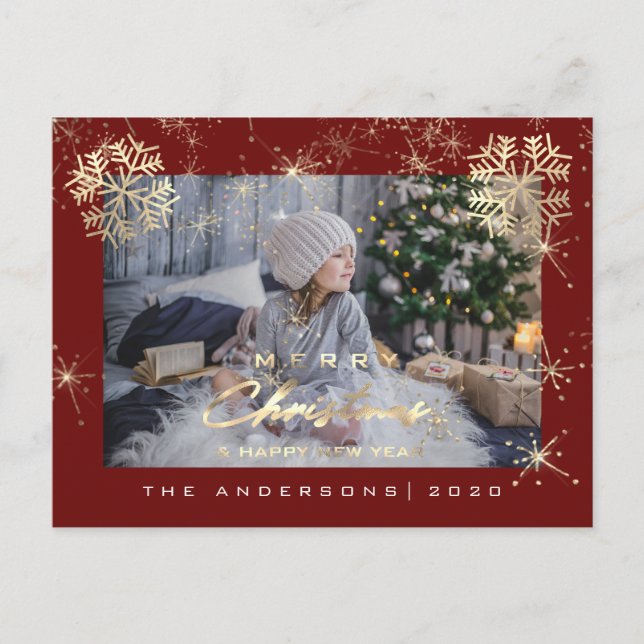 Merry Christmas Happy Year Gold Snow Maroon Photo Postcard (Front)