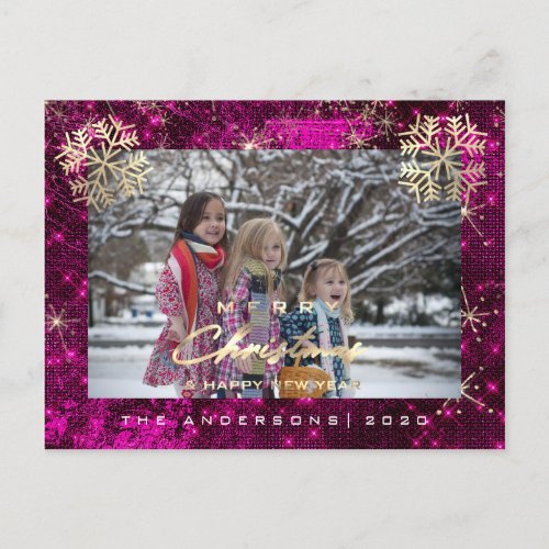 Merry Christmas Happy Year Gold Snowflakes Pink Postcard