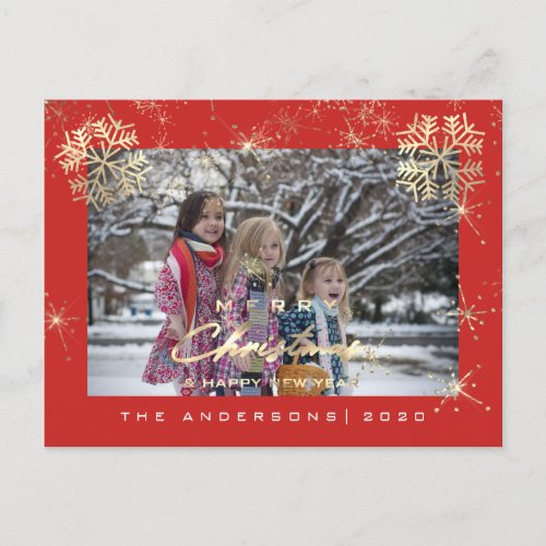 Merry Christmas Happy Year Gold Snowflakes Red Postcard