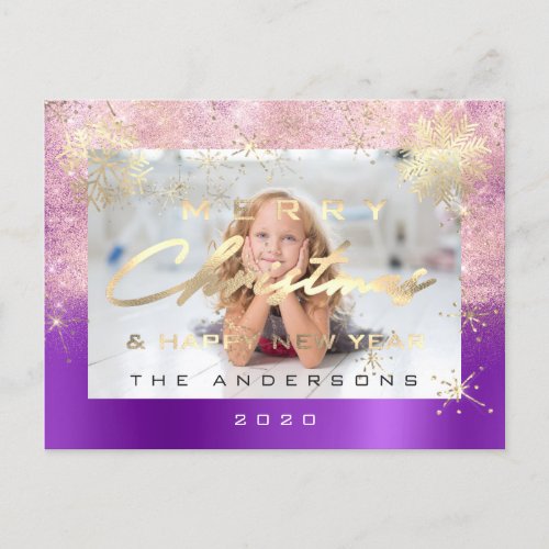 Merry Christmas Happy Year Pink Gold  Purple Photo Postcard