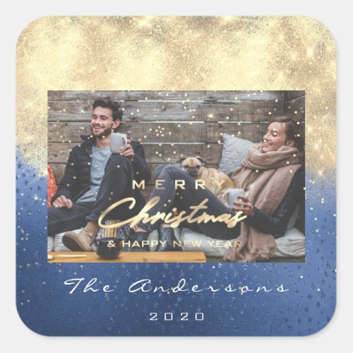 Merry Christmas Happy Year Stars Blue Gold Photo Square Sticker