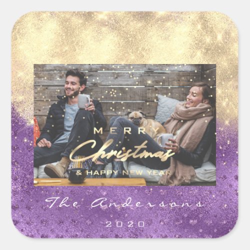 Merry Christmas Happy Year Stars Purple Gold Photo Square Sticker