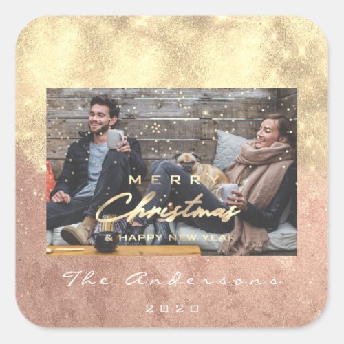 Merry Christmas Happy Year Stars Rose Gold Photo Square Sticker
