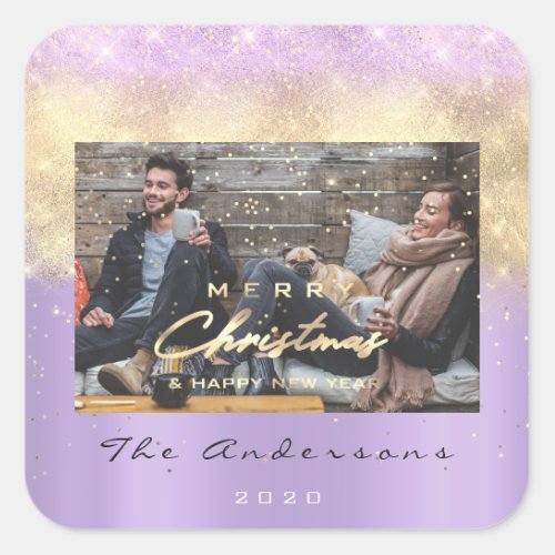 Merry Christmas Happy Year Stars Violet Gold Photo Square Sticker