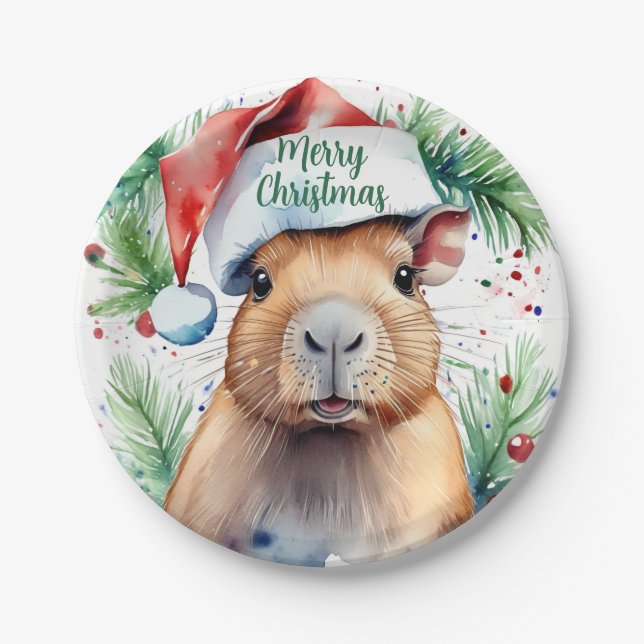 Merry Christmas Hat Festive Capybara -   Paper Plates (Front)