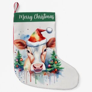Merry Christmas Hat Festive Cow - Small Christmas Stocking