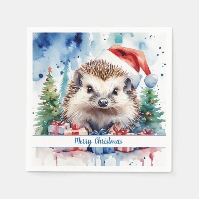 Merry Christmas Hat Festive Hedgehog -   Napkins (Front)
