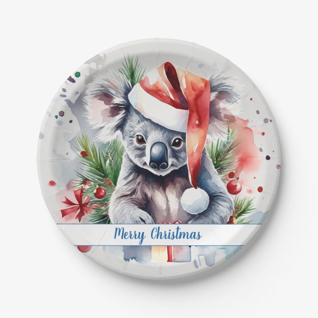 Merry Christmas Hat Festive Koala -   Paper Plates (Front)