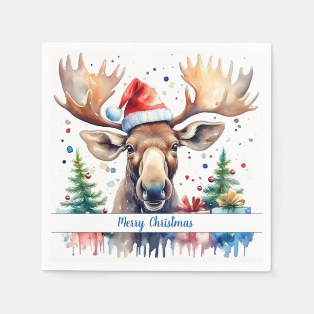 Merry Christmas Hat Festive Moose -   Napkins (Front)