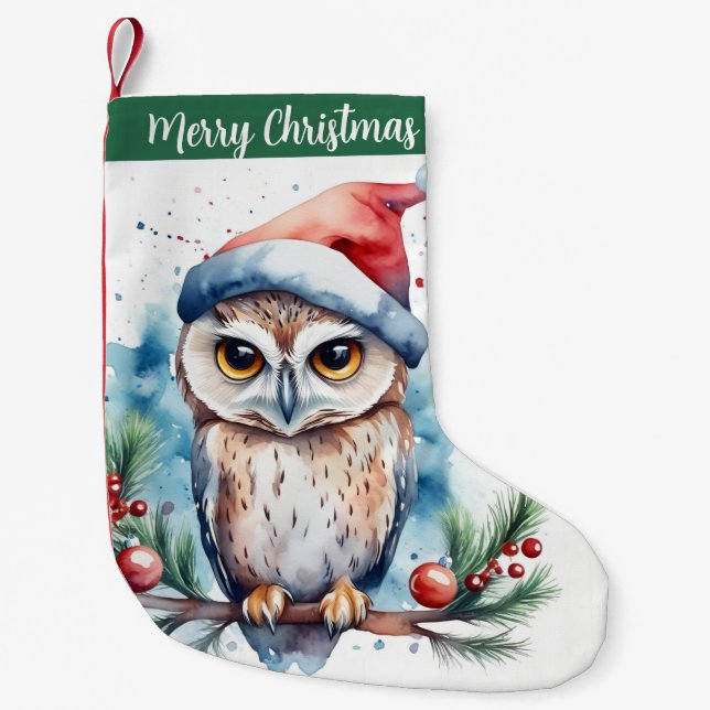 Merry Christmas Hat Festive Owl -  Small Christmas Stocking (Front)