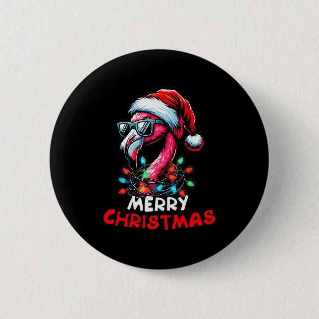Merry Christmas Hat Santa Flamingo Christmas Light Button (Front)