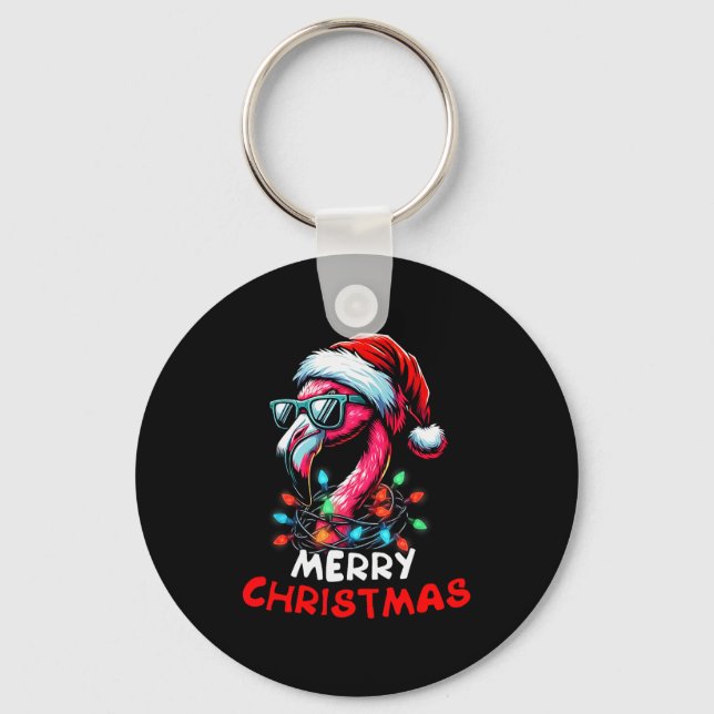 Merry Christmas Hat Santa Flamingo Christmas Light Keychain (Front)