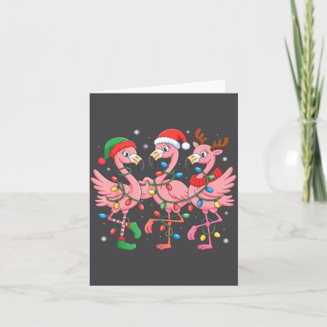 Merry Christmas Hat Santa Flamingo Light Christmas Card (Front)