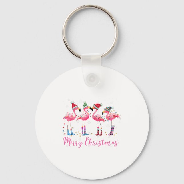Merry Christmas Hat Santa Flamingo Light Christmas Keychain (Front)