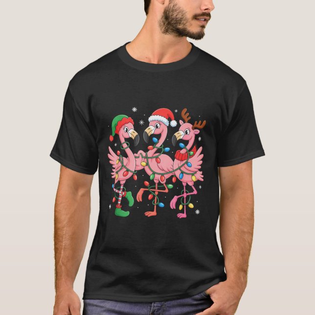 Merry Christmas Hat Santa Flamingo Light Christmas T-Shirt (Front)