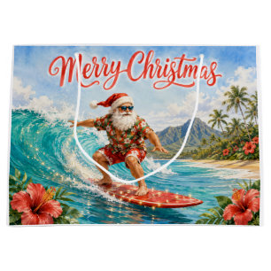 Merry Christmas Hawaiian Surfing Santa Large Gift Bag