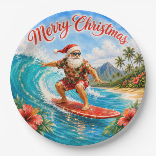 Merry Christmas Hawaiian Surfing Santa Paper Plates