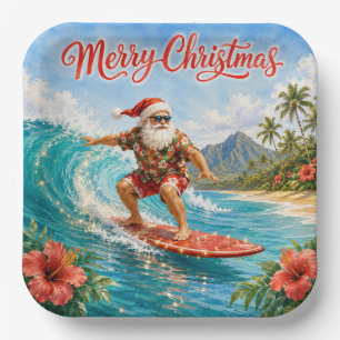 Merry Christmas Hawaiian Surfing Santa Paper Plates