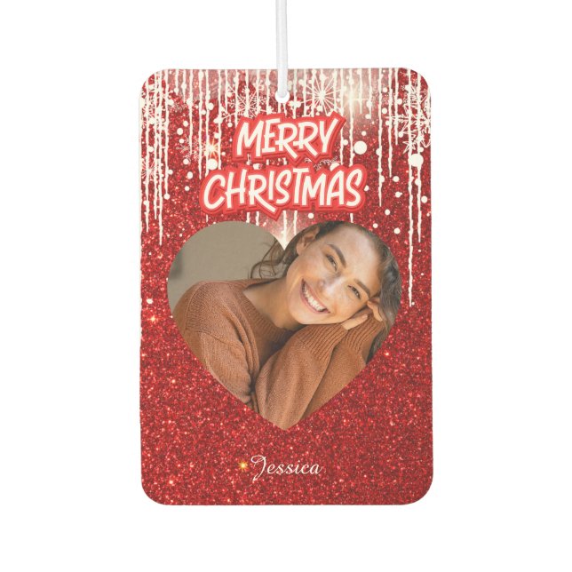 Merry Christmas Heart Personalized Photo Name  Air Freshener (Front)