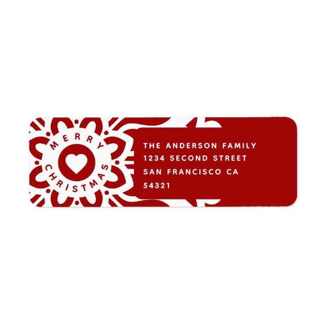 Merry Christmas Heart Snowflake Red White Label (Front)