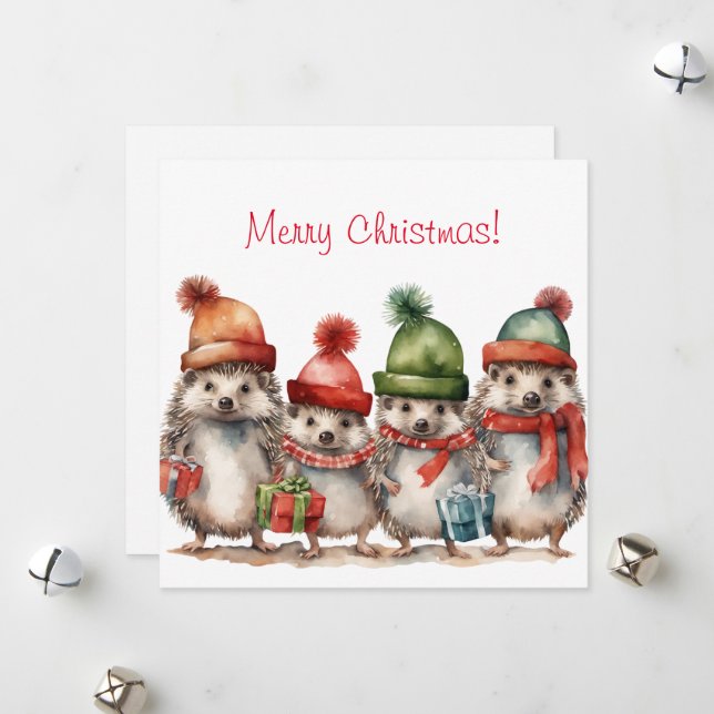 Merry Christmas Hedgehog Holiday Card (Front/Back In Situ)