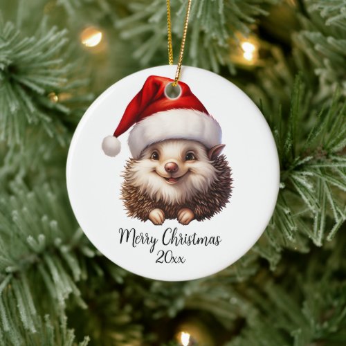 Merry Christmas Hedgehog in Santa Hat Custom Ceramic Ornament