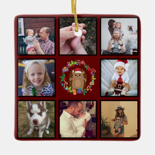 Merry Christmas Hedgehog Wreath Custom Collage Ceramic Ornament