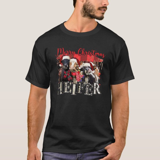 Merry Christmas Heifer Funny Santa Cow Buffalo Pla T-Shirt (Front)