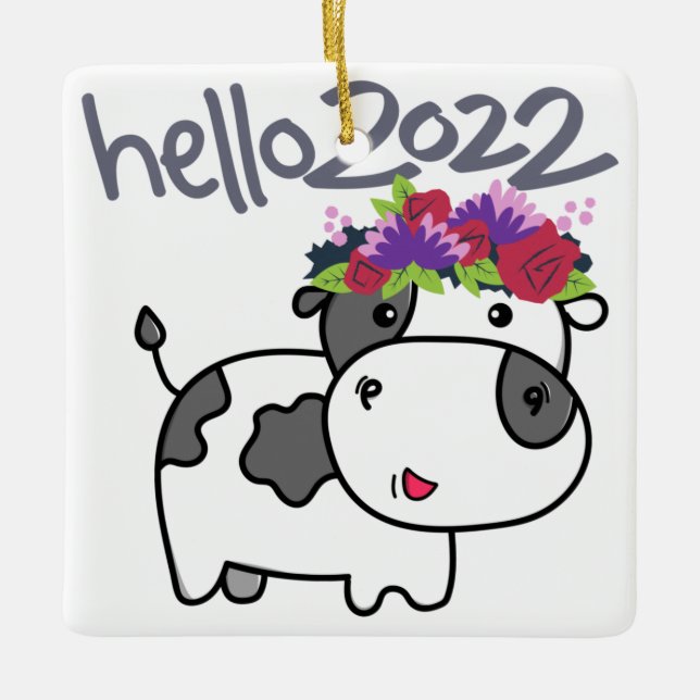 Merry Christmas Hello 2022 Goodbye 2021 Funny Cow  Ceramic Ornament (Front)