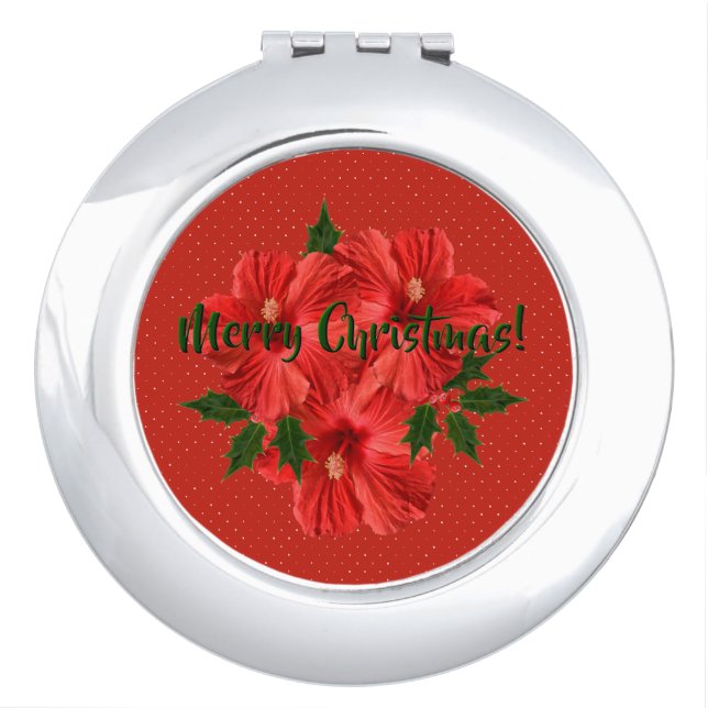 Merry Christmas Hibiscus Holly Holiday Makeup Compact Mirror (Front)