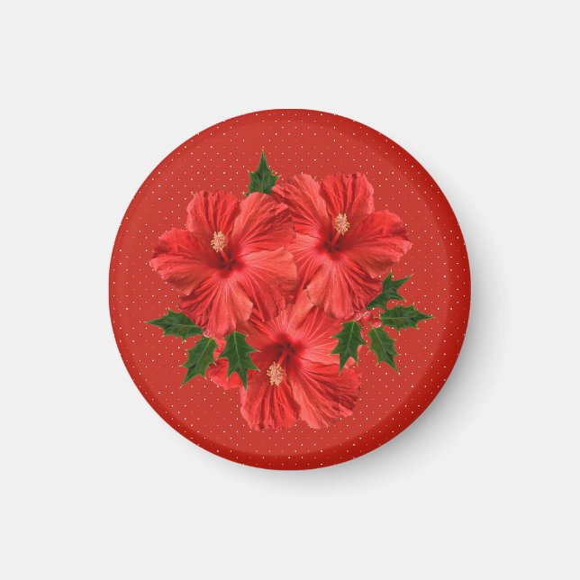 Merry Christmas Hibiscus Holly Holiday Red & Green Magnet (Front)
