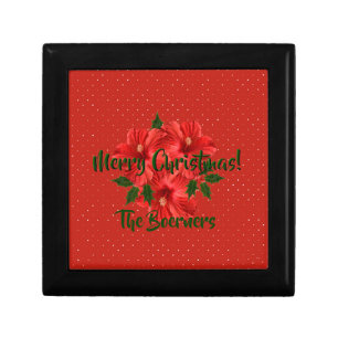 Merry Christmas Hibiscus Holly Wood Jewelry Tie Gift Box