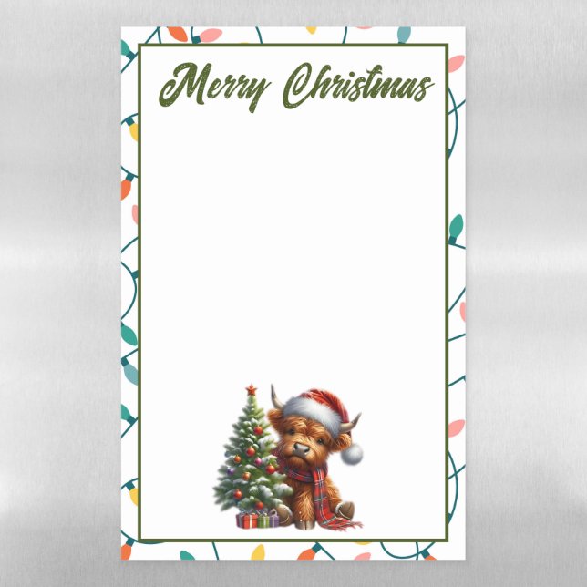 Merry Christmas Highland Cow and Lights Magnetic Dry Erase Sheet (Vertical)
