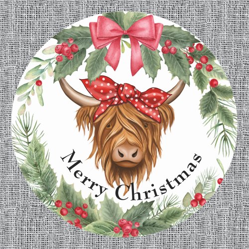 Merry Christmas Highland Cow Christmas Floral Classic Round Sticker